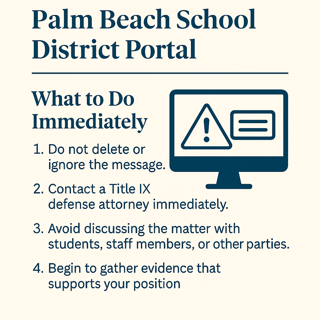 Informational graphic with a cream background and dark blue text titled 'Palm Beach School District Portal.' Below the title is a horizontal divider, followed by the heading 'What to Do Immediately' and a numbered list: 1. Do not delete or ignore the message. 2. Contact a Title IX defense attorney immediately. 3. Avoid discussing the matter with students, staff members, or other parties. 4. Begin to gather evidence that supports your position. On the right side, there is a dark blue computer monitor icon displaying an exclamation mark warning symbol and a message icon.