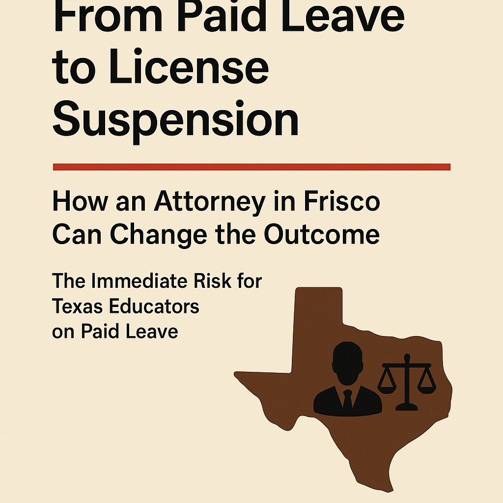 Flyer with a cream background and bold black headline reading 'From Paid Leave to License Suspension.' Below a red horizontal line, the subheading says 'How an Attorney in Frisco Can Change the Outcome,' followed by smaller text 'The Immediate Risk for Texas Educators on Paid Leave.' On the lower right, a brown silhouette of Texas contains a black icon of a suited attorney figure next to balanced legal scales.
