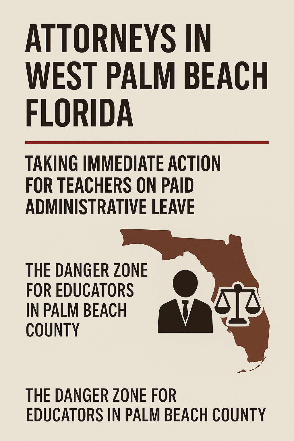 Portrait-oriented informational graphic on a beige background with bold dark brown text. The top reads 'Attorneys in West Palm Beach Florida' above a red horizontal line. Below, the subheading says 'Taking Immediate Action for Teachers on Paid Administrative Leave.' The middle section includes text 'The Danger Zone for Educators in Palm Beach County' next to a brown silhouette of Florida containing a black attorney icon and balanced legal scales. The bottom repeats the phrase 'The Danger Zone for Educators in Palm Beach County.