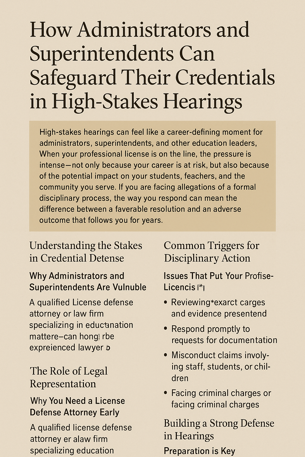 Digital graphic guide titled 'How Administrators and Superintendents Can Safeguard Their Credentials in High-Stakes Hearings' on a beige background with dark serif typography. The layout includes a highlighted introductory paragraph about the pressures of defending a professional license, followed by sections on understanding the stakes in credential defense, the role of legal representation, common triggers for disciplinary action, and building a strong defense in hearings.