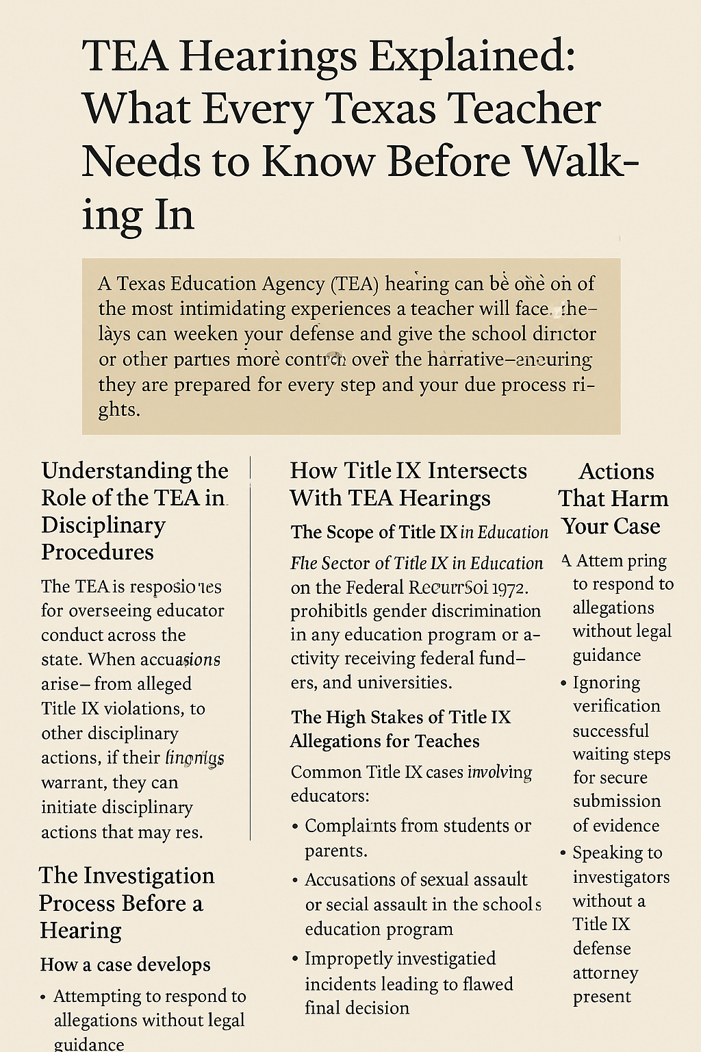 Digital informational graphic titled 'TEA Hearings Explained: What Every Texas Teacher Needs to Know Before Walking In' with a beige background and dark serif typography. A highlighted introductory paragraph describes the high stakes of TEA hearings for teachers. Below, three columns outline the role of the TEA in disciplinary procedures, how Title IX intersects with TEA hearings, and common actions that harm a teacher’s case. Bullet points list examples such as Title IX complaints, sexual misconduct accusations, and procedural mistakes like responding without legal counsel.
