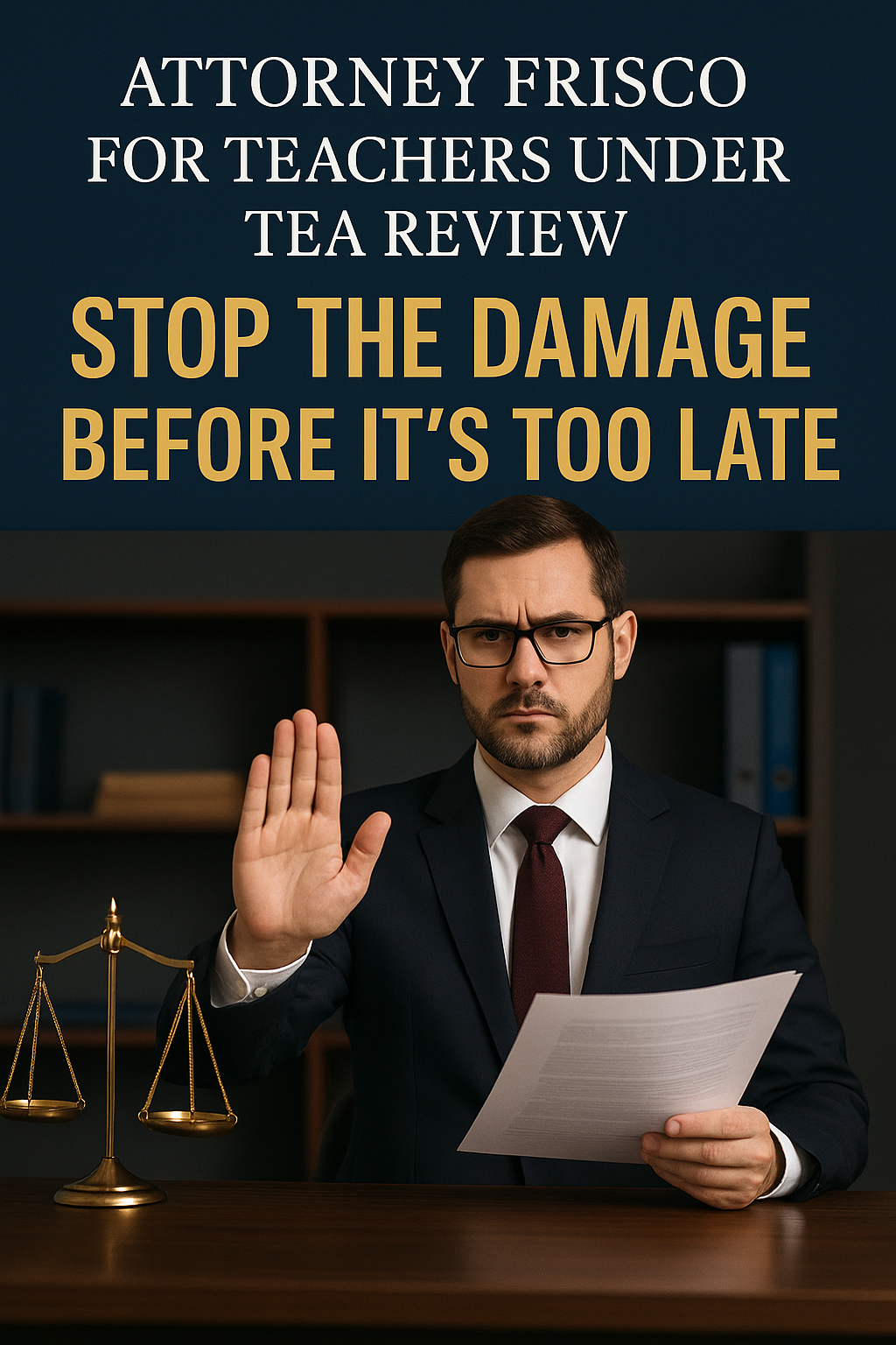 A professional education attorney in a dark suit and tie sits at a desk with a golden balance scale, holding documents and raising a hand in a