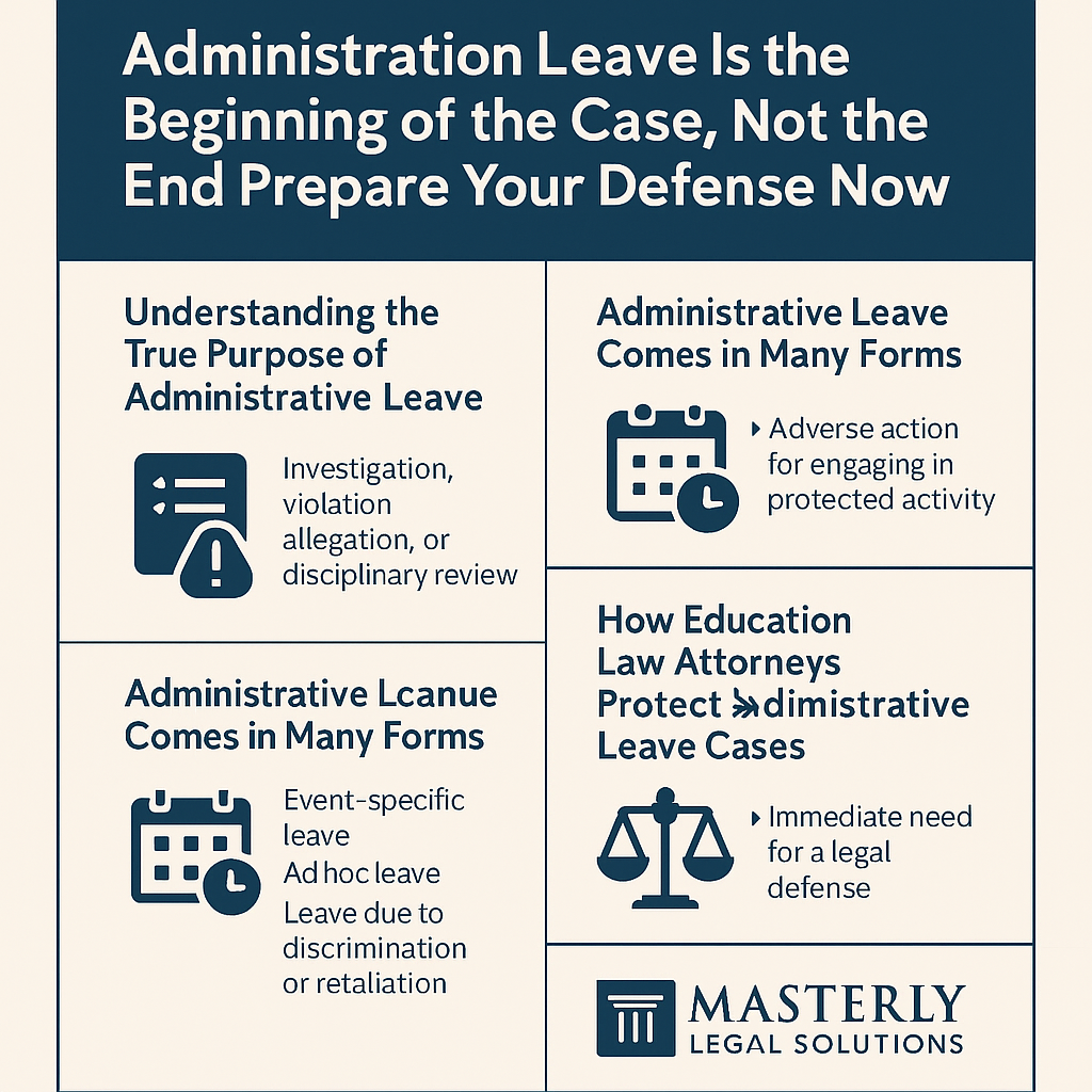 A professional infographic by Masterly Legal Solutions titled “Administration Leave Is the Beginning of the Case, Not the End — Prepare Your Defense Now,” in a dark blue and beige color scheme. The layout is divided into four sections with icons: a document with a drop icon for “Understanding the True Purpose of Administrative Leave,” listing investigation, violation allegation, or disciplinary review; a calendar icon for “Administrative Leave Comes in Many Forms,” noting adverse action for engaging in protected activity; another calendar icon with a clock for “Administrative Leave Comes in Many Forms,” listing event-specific leave, ad hoc leave, and leave due to discrimination or retaliation; and balanced scales for “How Education Law Attorneys Protect Administrative Leave Cases,” highlighting the immediate need for a legal defense. The Masterly Legal Solutions logo appears at the bottom.