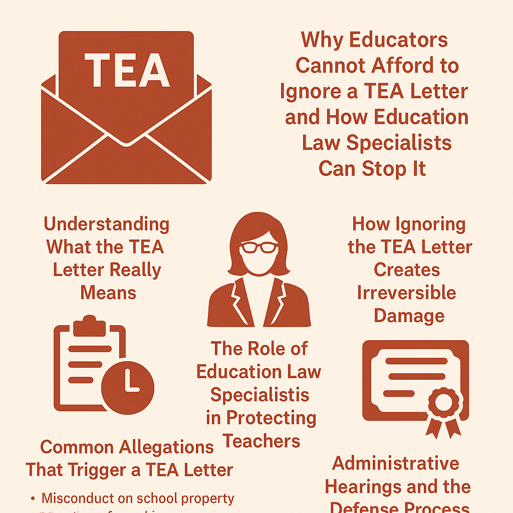 Infographic titled 'Why Educators Cannot Afford to Ignore a TEA Letter and How Education Law Specialists Can Stop It.' The design uses terracotta red icons on a beige background, including an envelope marked 'TEA,' a clipboard, a female lawyer figure, and a certificate with ribbon. Key sections include: Understanding What the TEA Letter Really Means, Common Allegations That Trigger a TEA Letter, The Role of Education Law Specialists in Protecting Teachers, How Ignoring the TEA Letter Creates Irreversible Damage, and Administrative Hearings and the Defense Process.