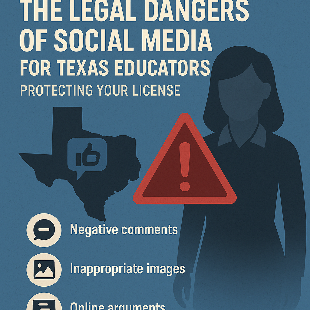 Educational poster with the title 'The Legal Dangers of Social Media for Texas Educators: Protecting Your License.' The design includes a silhouette of a female teacher, a red warning triangle with an exclamation mark, and an outline of Texas with a social media thumbs-up icon inside. Icons with text list risks such as negative comments, inappropriate images, and online arguments.