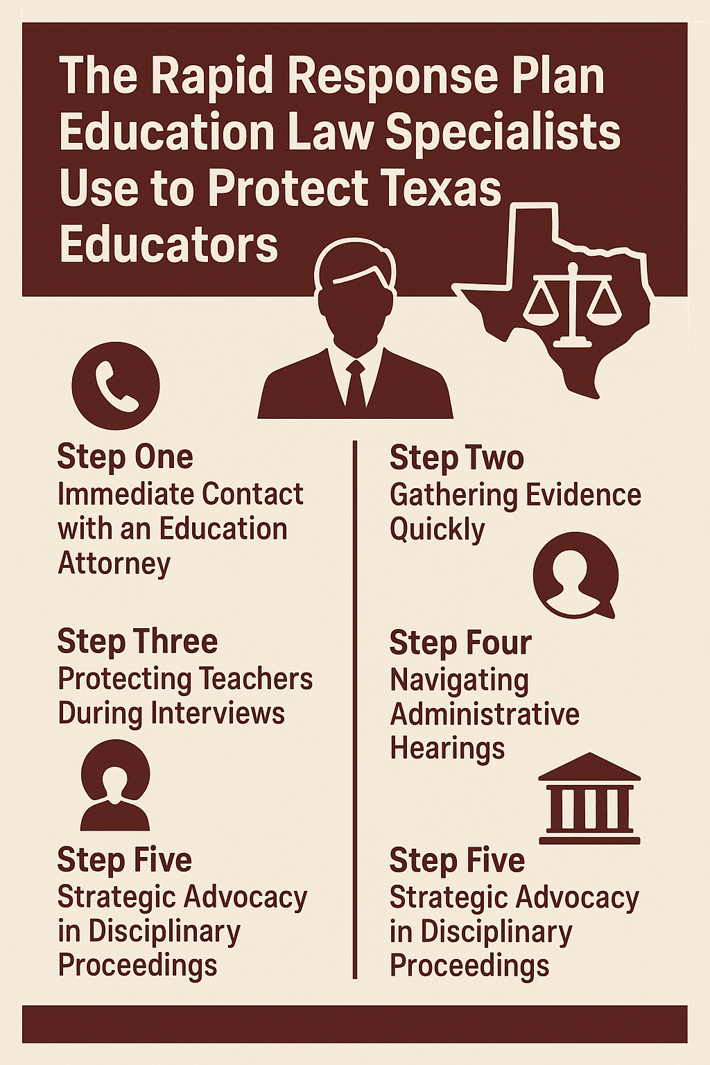 Infographic titled 'The Rapid Response Plan Education Law Specialists Use to Protect Texas Educators.' The design uses maroon icons on a beige background, including a phone, person silhouettes, and a courthouse. Five steps are listed: Step One – Immediate Contact with an Education Attorney, Step Two – Gathering Evidence Quickly, Step Three – Protecting Teachers During Interviews, Step Four – Navigating Administrative Hearings, Step Five – Strategic Advocacy in Disciplinary Proceedings. A Texas outline with justice scales and a lawyer silhouette are also shown.