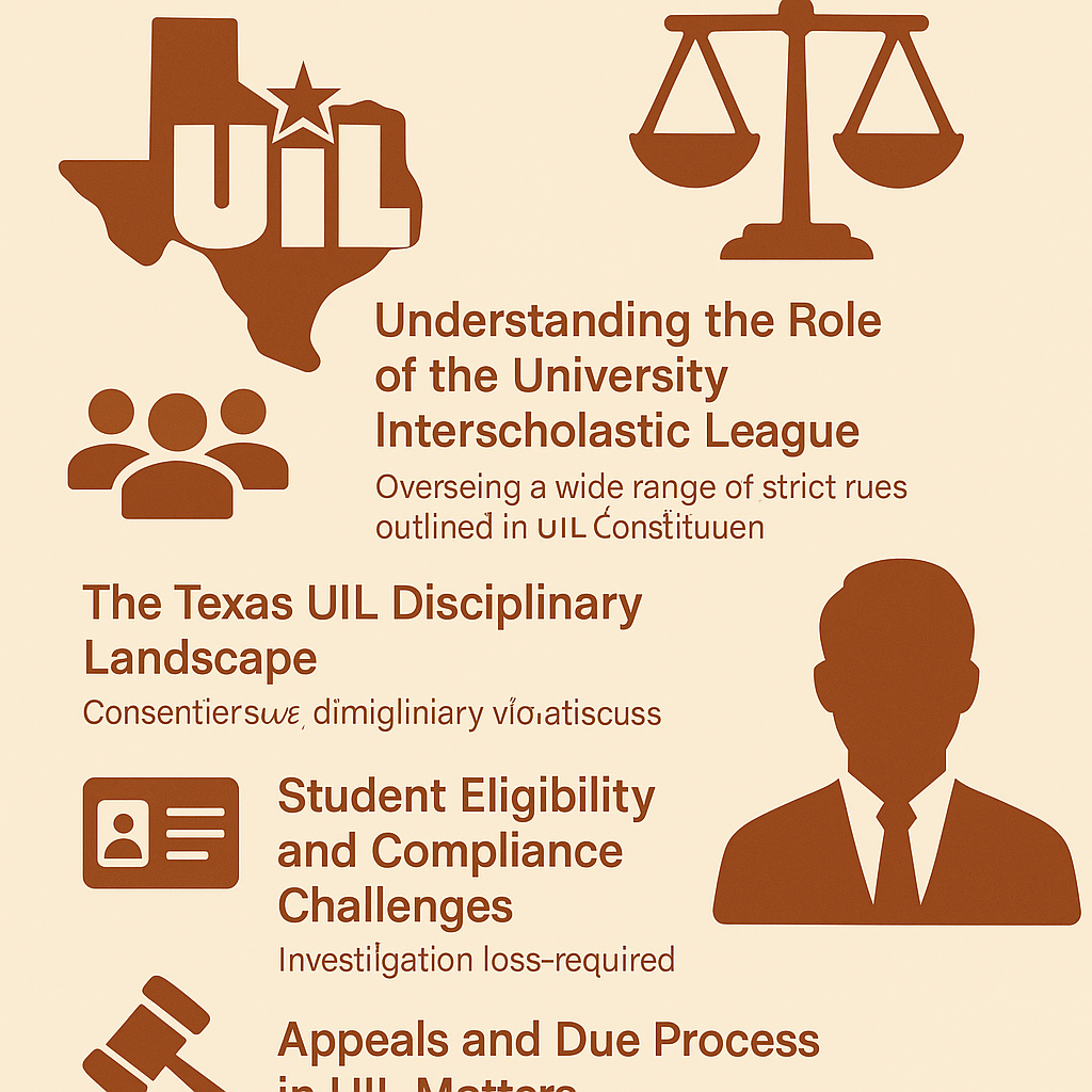 Infographic titled 'Legal Support for Schools Navigating UIL Compliance and Discipline.' The design uses burnt orange icons on a beige background, including the Texas outline with 'UIL,' a justice scale, group of people, ID card, silhouette of a person in a suit, and a gavel. Sections highlight: Understanding the Role of the University Interscholastic League, The Texas UIL Disciplinary Landscape, Student Eligibility and Compliance Challenges, and Appeals and Due Process in UIL Matters.