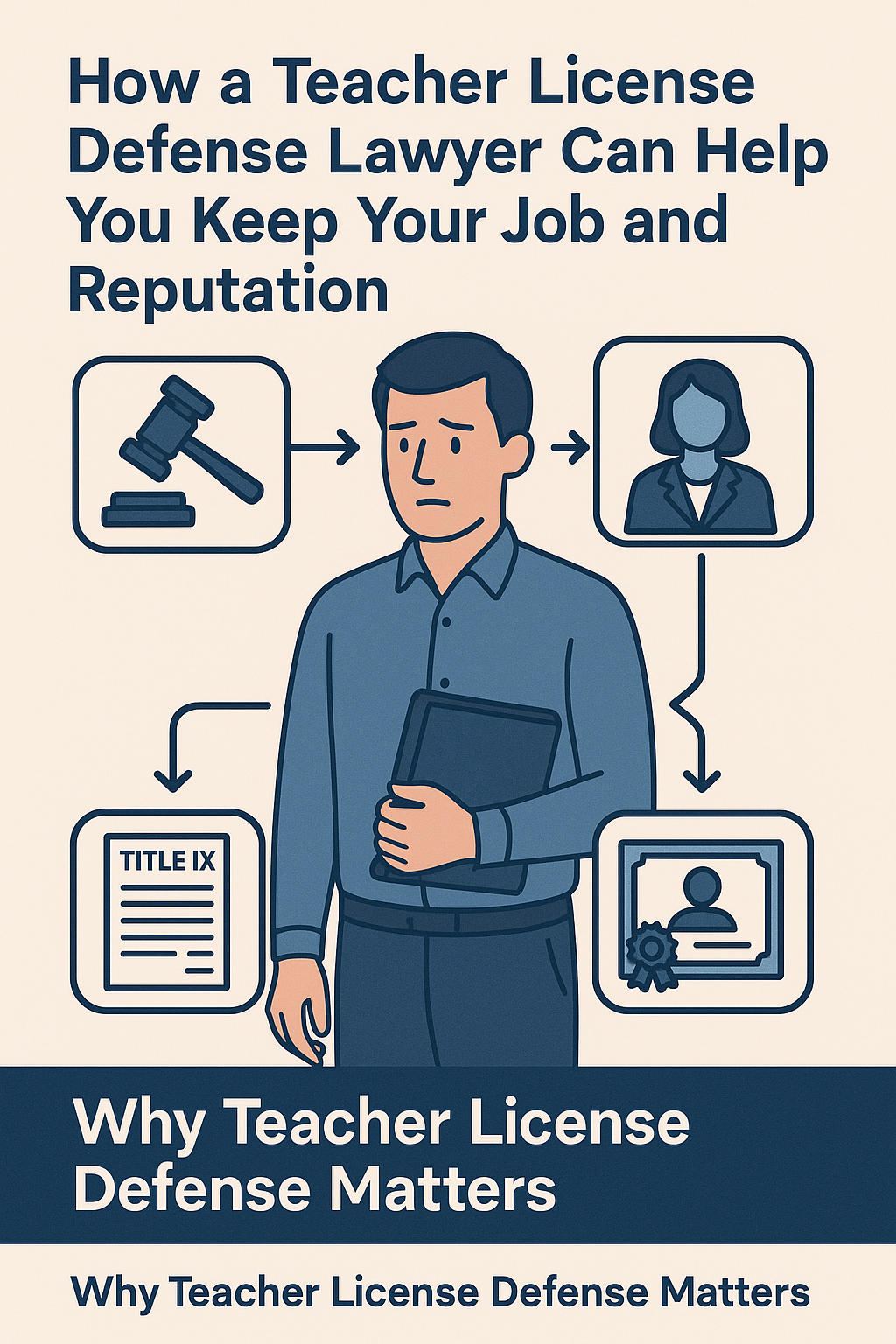 How a Teacher License Defense Lawyer Can Help You Keep Your Job and Reputation.” At the center, a concerned teacher in a blue shirt holds a binder. Surrounding icons include a gavel, a female lawyer, a Title IX document, and a teaching certificate, all connected by arrows to represent legal defense and career protection. The bottom banner reads “Why Teacher License Defense Matters.