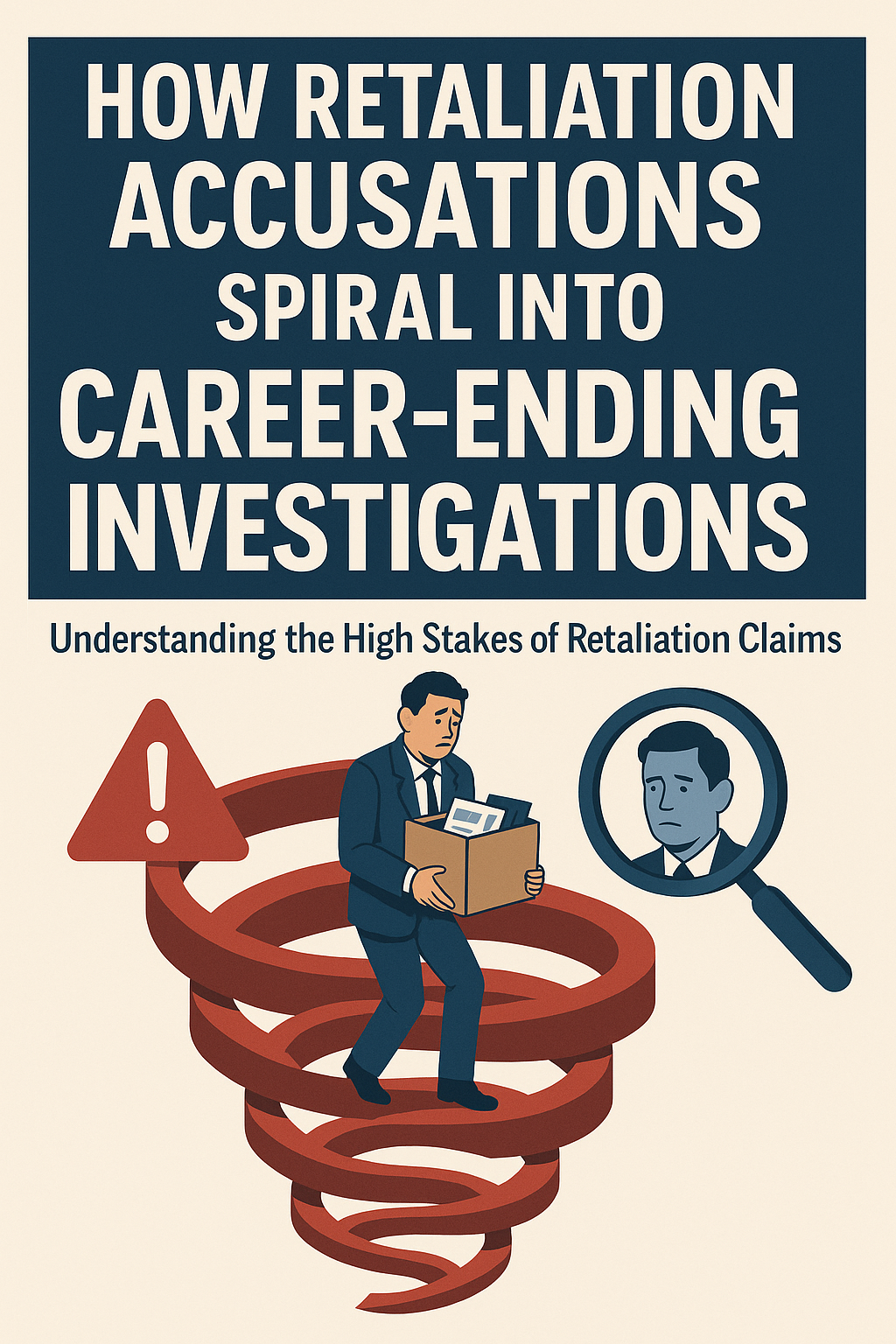 Infographic titled “How Retaliation Accusations Spiral Into Career-Ending Investigations.” Below the title, a worried businessman in a suit carries a box of personal belongings while walking down a red spiral, symbolizing a downward investigation. A red warning exclamation mark and a magnifying glass over a man’s face emphasize scrutiny and high stakes.