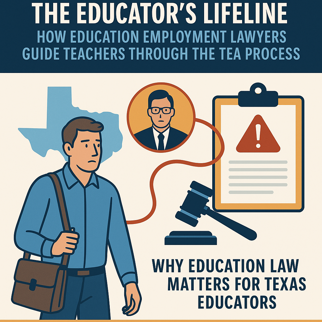 Infographic titled “The Educator’s Lifeline: How Education Employment Lawyers Guide Teachers Through the TEA Process.” The illustration shows a worried teacher carrying a briefcase, a gavel symbolizing legal action, a clipboard with an exclamation mark, and a lawyer’s portrait connected by a line. A Texas state outline reinforces the focus on Texas educators. The bottom text reads, “Why Education Law Matters for Texas Educators.