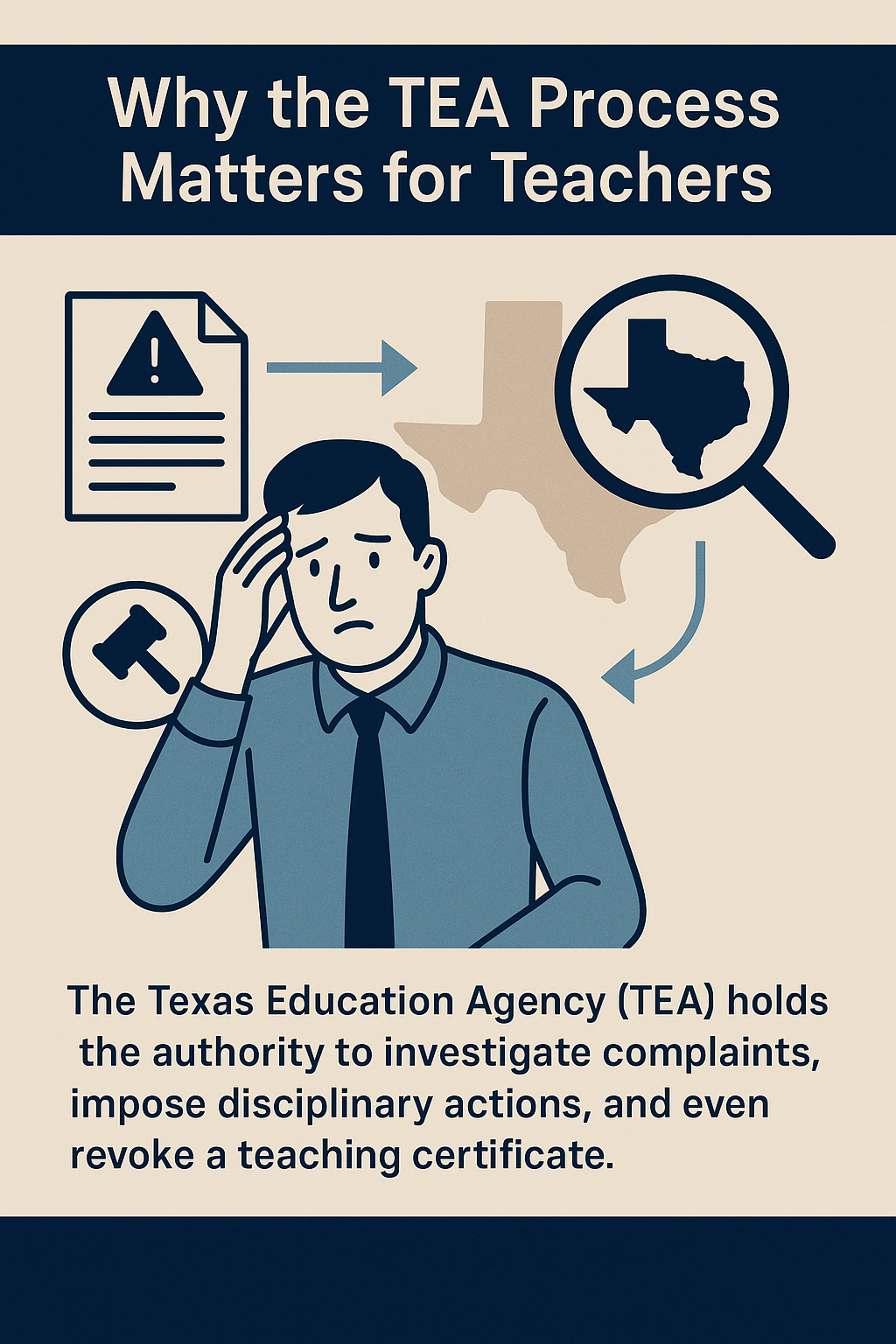 Why the TEA Process Matters for Teachers.” The illustration shows a worried male teacher holding his head, surrounded by icons: a warning document, a gavel, and a magnifying glass over the state of Texas. Arrows connect the icons, symbolizing the steps of the TEA disciplinary process. Text at the bottom explains that the Texas Education Agency investigates complaints, imposes disciplinary actions, and can revoke teaching certificates.