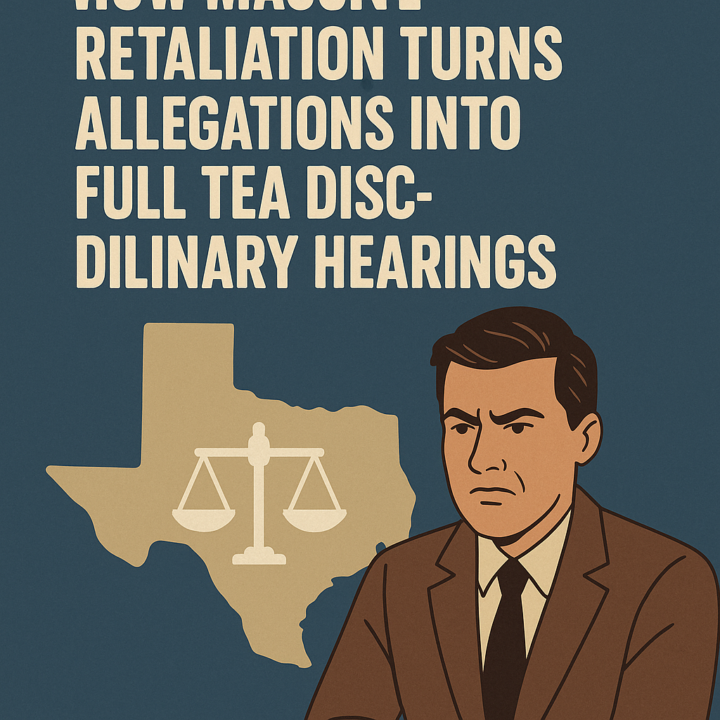 Illustration with bold cream-colored text reading “How Massive Retaliation Turns Allegations Into Full TEA Disciplinary Hearings” on a dark blue background. Below the text, a serious middle-aged man in a brown suit and black tie appears stern and concerned. To the left, a beige silhouette of Texas contains a white scale of justice symbol. The overall design uses muted, earthy tones to convey seriousness and urgency.