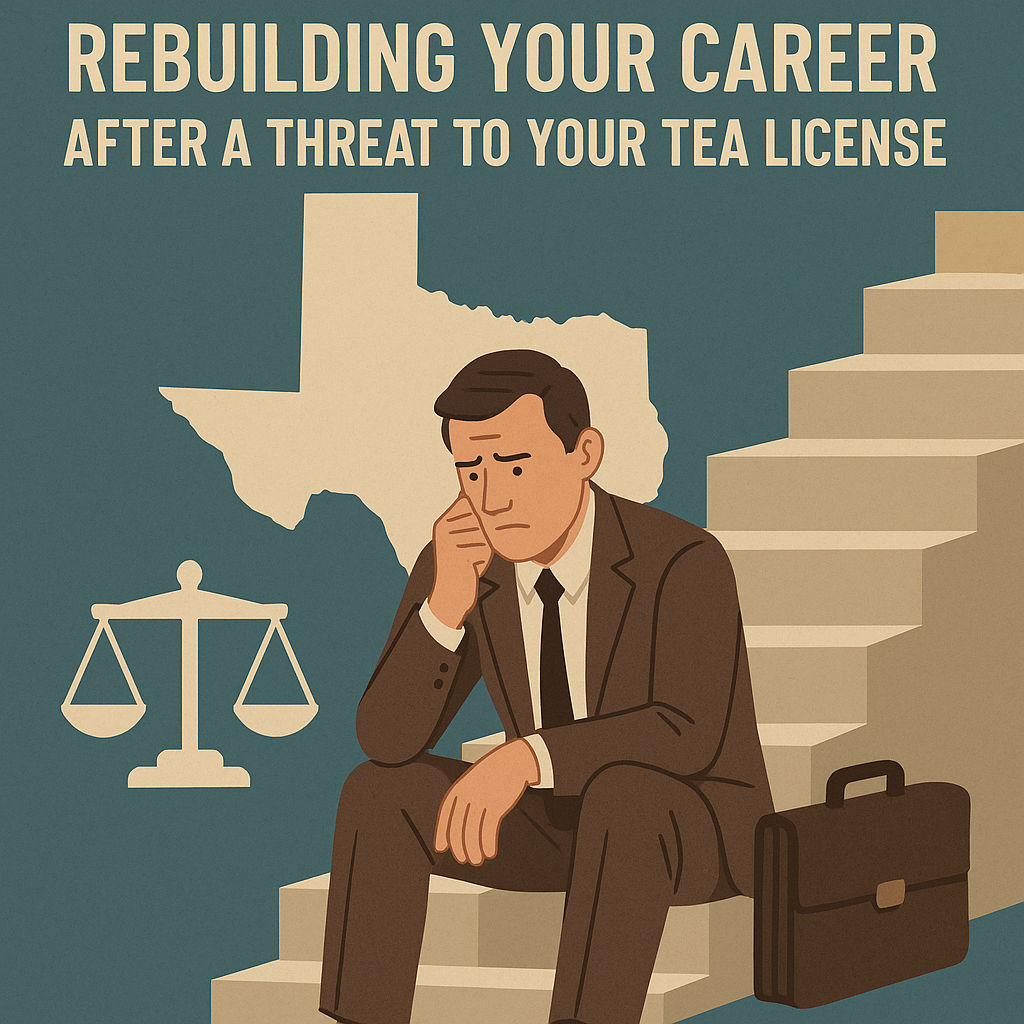 Illustration of a middle-aged man in a brown suit sitting on the bottom step of a staircase, looking worried and contemplative. A black briefcase rests beside him. Behind the man is a beige silhouette of Texas and a white scale of justice symbol. At the top of the image, bold text reads: “Rebuilding Your Career After a Threat to Your TEA License.” The muted blue and beige tones emphasize seriousness and determination.