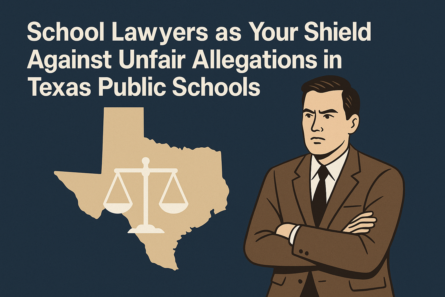 Illustration with a dark blue background featuring a serious-looking male lawyer in a brown suit with arms crossed. To the left, a beige silhouette of Texas is displayed with a white scale of justice overlayed on it. Bold white text above reads: “School Lawyers as Your Shield Against Unfair Allegations in Texas Public Schools.” The design conveys strength, authority, and legal protection.