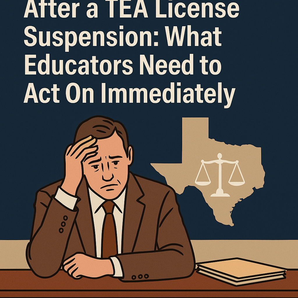 Illustration of a middle-aged male teacher in a brown suit, sitting at a desk with a stack of papers, looking distressed with his hand on his forehead. Behind him is a beige silhouette of Texas with a white scale of justice symbol inside. Bold white text above reads: “The Appeal Process After a TEA License Suspension: What Educators Need to Act On Immediately.” The color palette includes navy blue, beige, brown, and white, emphasizing seriousness and urgency.