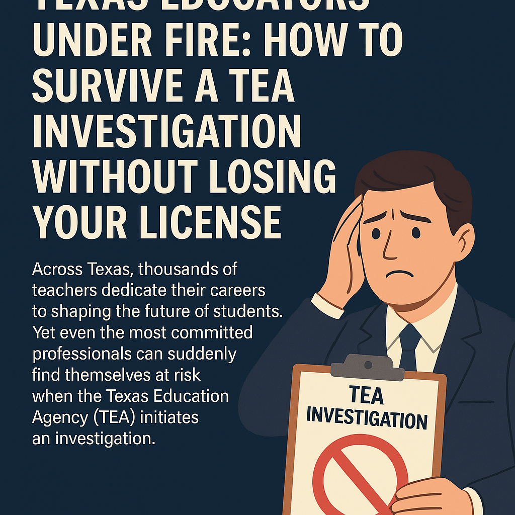 Poster titled “Texas Educators Under Fire: How to Survive a TEA Investigation Without Losing Your License.” On the left, cream text on a dark blue background explains how Texas teachers, despite their dedication, can suddenly face career-threatening investigations from the Texas Education Agency. On the right, an illustration of a worried male teacher in a suit holds a clipboard labeled “TEA Investigation” with a large red prohibition symbol, symbolizing the risk of losing a teaching license.