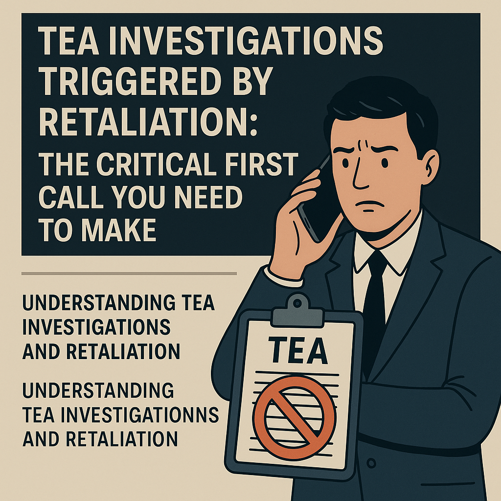 TEA Investigations Triggered by Retaliation: The Critical First Call You Need to Make.” On the right, an illustrated man in a suit looks concerned while holding a phone. In front of him is a clipboard labeled “TEA” with a large red prohibition symbol. The left side features bold text emphasizing the urgency of legal representation in TEA retaliation cases, set against a beige and dark blue background.