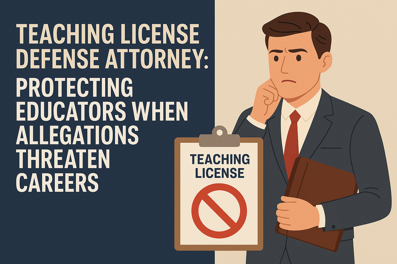 Teaching License Defense Attorney: Protecting Educators When Allegations Threaten Careers.” On the left, bold white text appears on a dark blue background. On the right, an illustration of a concerned attorney in a suit holding a brown folder. In front of him is a clipboard labeled “Teaching License” with a large red prohibition symbol, symbolizing the risk of suspension or loss of a teaching certificate.