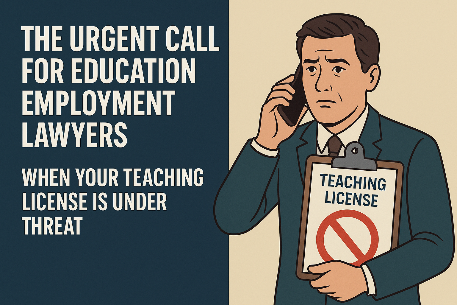 Poster titled “The Urgent Call for Education Employment Lawyers When Your Teaching License Is Under Threat.” On the left, bold white text appears on a dark blue background. On the right, an illustration of a worried man in a suit holds a phone to his ear while clutching a clipboard labeled “Teaching License” with a large red prohibition symbol, symbolizing the risk of suspension or revocation.