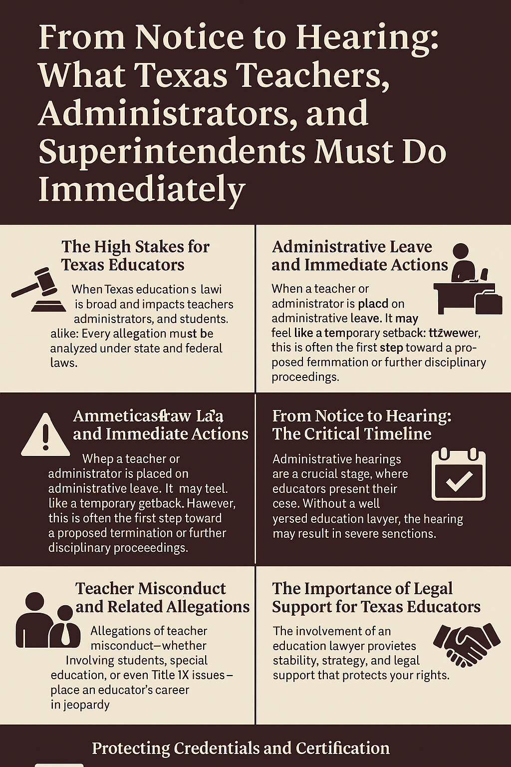 From Notice to Hearing: What Texas Teachers, Administrators, and Superintendents Must Do Immediately.’ Designed in beige, cream, and dark brown with red accents, it outlines key steps educators must take when facing TEA investigations. Sections include: The High Stakes for Texas Educators (gavel icon), Administrative Leave and Immediate Actions (teacher at desk icon), From Notice to Hearing: The Critical Timeline (checklist icon), Teacher Misconduct and Related Allegations (two people icon), The Importance of Legal Support for Texas Educators (handshake icon), and Protecting Credentials and Certification (certificate icon). The infographic emphasizes how legal support and immediate action are essential to protect educator certification and careers.
