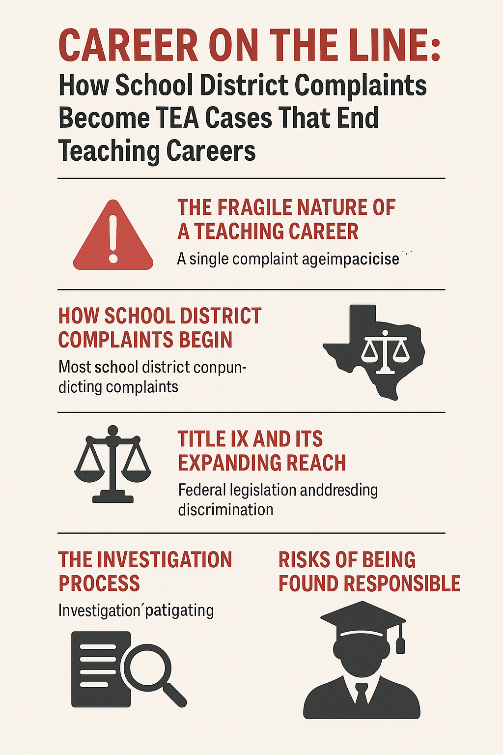 Career on the Line: How School District Complaints Become TEA Cases That End Teaching Careers.’ It uses red, black, and beige colors with icons to explain the escalation process. Sections include: The Fragile Nature of a Teaching Career (warning icon), How School District Complaints Begin (Texas map with scales), Title IX and Its Expanding Reach (scales of justice), The Investigation Process (document with magnifying glass), and Risks of Being Found Responsible (graduate icon). Each section emphasizes how complaints can grow into TEA investigations that threaten teaching careers