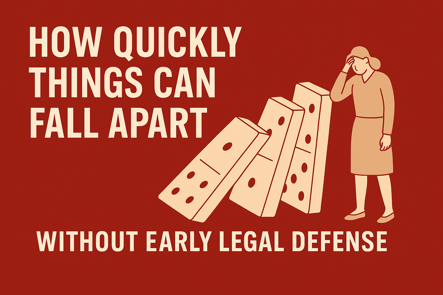 Informational graphic with a red background. Large bold white text reads “How Quickly Things Can Fall Apart” at the top and “Without Early Legal Defense” at the bottom. On the right, an illustration shows a distressed woman holding her head while watching a chain of beige dominos topple over, symbolizing the rapid collapse of a teacher’s career without legal protection.