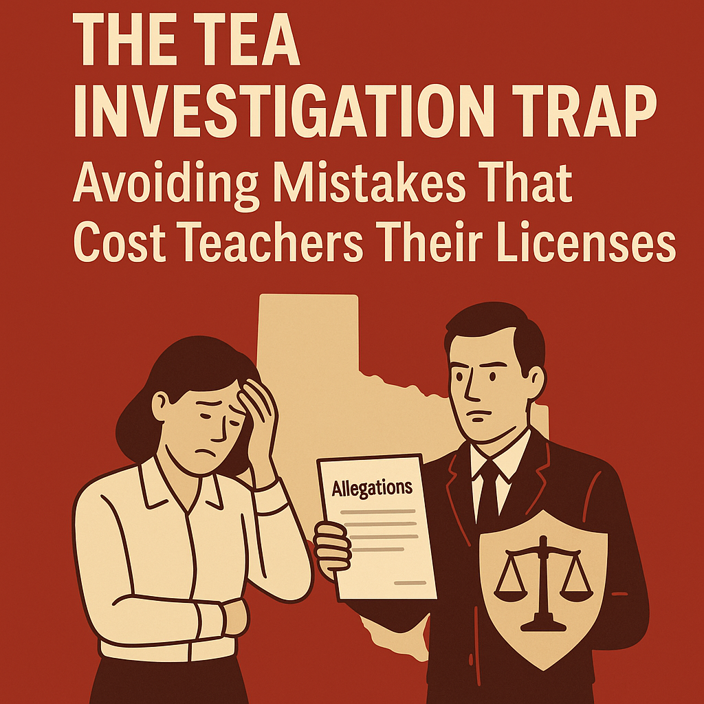 Graphic with red background titled “The TEA Investigation Trap: Avoiding Mistakes That Cost Teachers Their Licenses,” showing a worried teacher beside an attorney holding a shield with justice scales and a document labeled “Allegations,” with a beige Texas outline in the background.