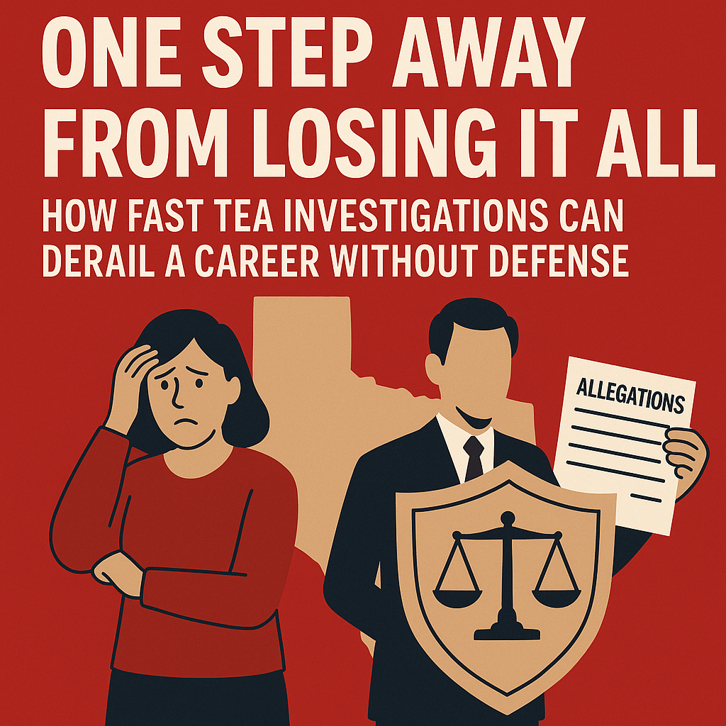 Informational graphic with a red background. Large bold white text at the top reads “One Step Away From Losing It All.” Below, a subheading states “How Fast TEA Investigations Can Derail a Career Without Defense.” The illustration shows a worried female teacher holding her head beside a male attorney in a suit holding a shield with justice scales and a document labeled “Allegations.” A beige outline of Texas is in the background.