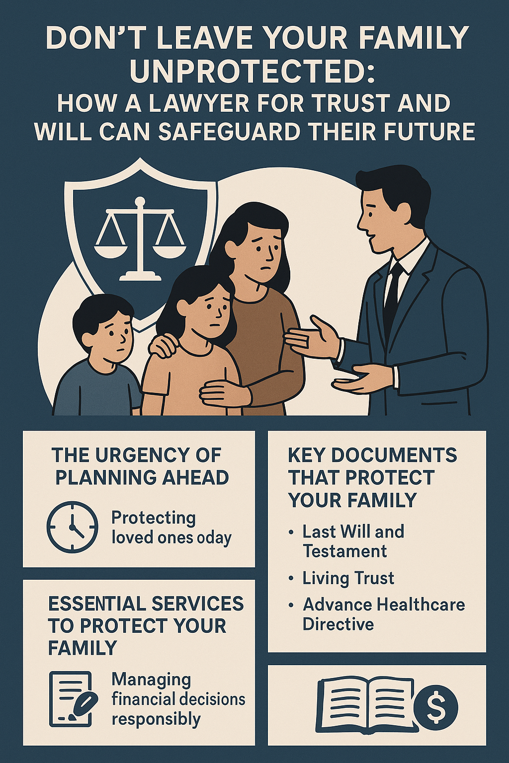 Infographic about estate planning showing a lawyer protecting a family with a shield symbol. Headline reads: 'Don’t Leave Your Family Unprotected: How a Lawyer for Trust and Will Can Safeguard Their Future.' Sections highlight the urgency of planning ahead, key documents like wills, trusts, and healthcare directives, and essential services for managing financial decisions responsibly.