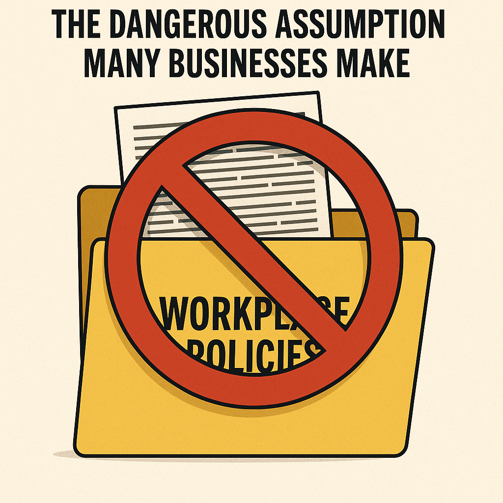 WORKPLACE POLICIES” with papers inside, overlaid by a large red prohibition symbol. At the top, bold black text reads “THE DANGEROUS ASSUMPTION MANY BUSINESSES MAKE.