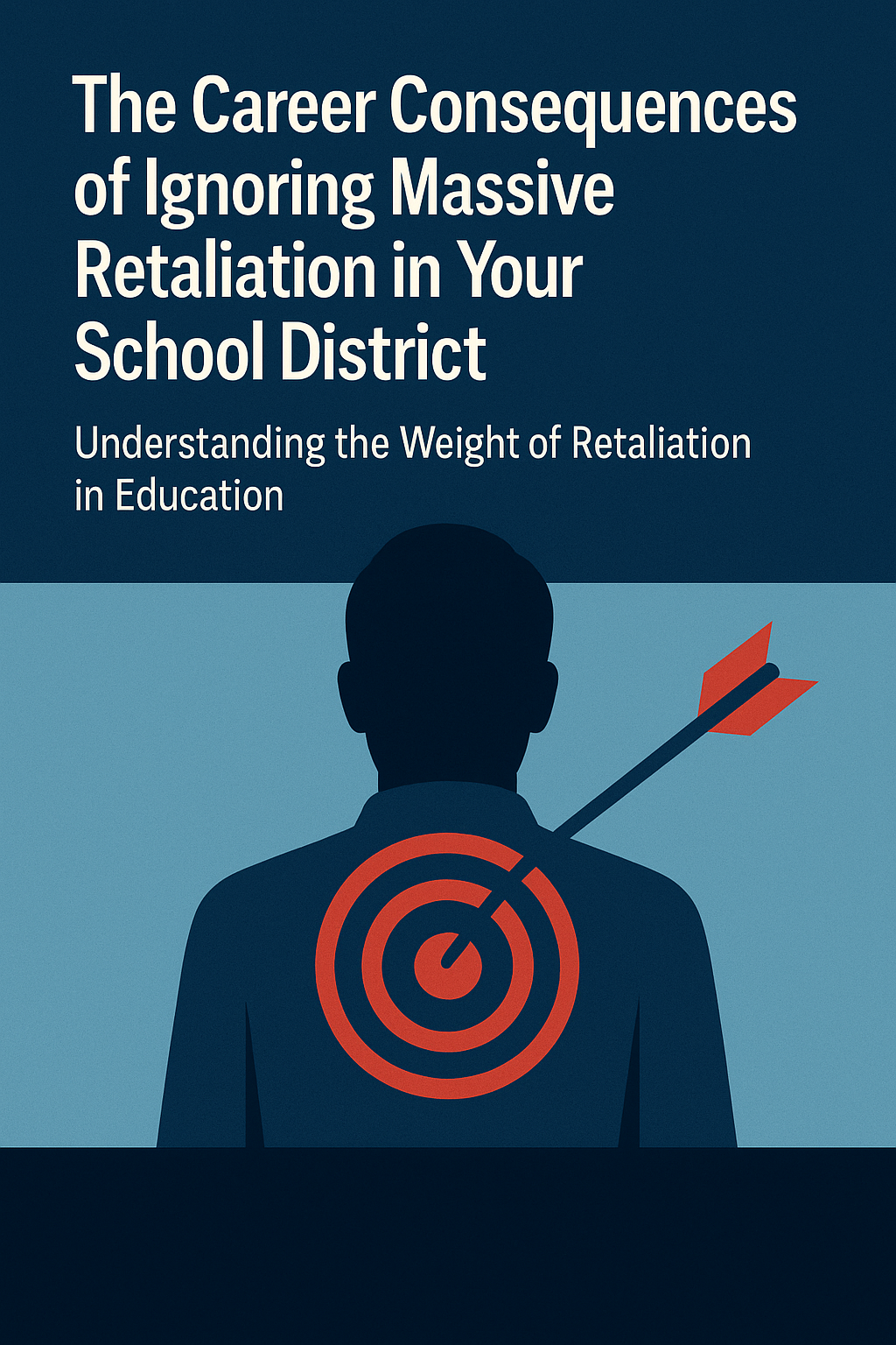 Editorial-style graphic showing the silhouette of a person from behind with a red target on their back and an arrow piercing through it. Above the figure, bold text reads: “The Career Consequences of Ignoring Massive Retaliation in Your School District” with a subtitle “Understanding the Weight of Retaliation in Education.” The design uses dark blue and red tones to symbolize workplace retaliation and its harmful impact on educators.