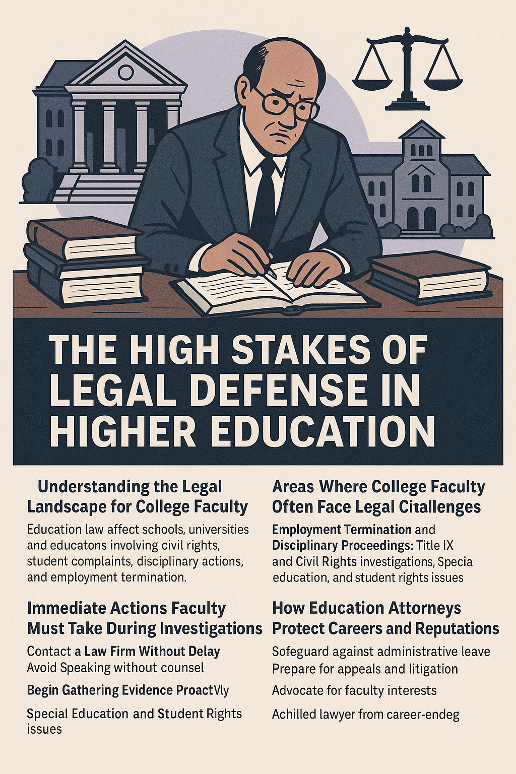 The High Stakes of Legal Defense in Higher Education.' At the top, a worried professor in a suit writes at a desk surrounded by books, with courthouse columns, a university building, and scales of justice in the background. Below, four sections outline key issues: understanding the legal landscape for faculty, immediate actions during investigations, common legal challenges such as employment termination and Title IX, and how education attorneys protect careers and reputations.