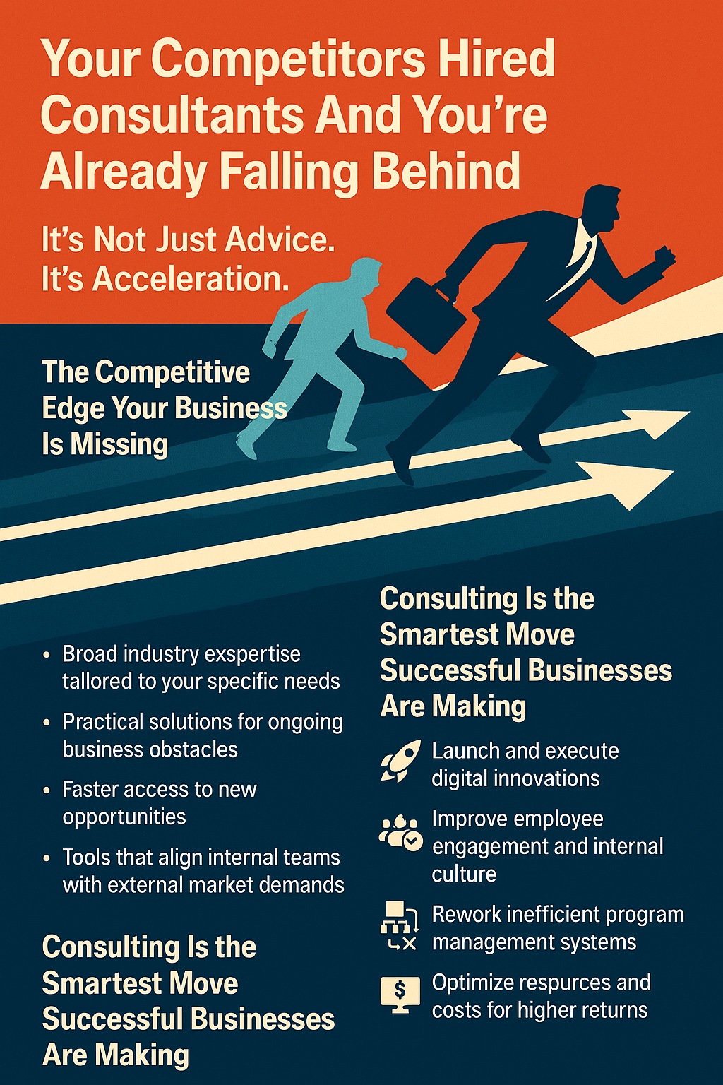A bold digital advertisement features the headline “Your Competitors Hired Consultants And You’re Already Falling Behind” in large white and orange text against a striking red-orange background. Two illustrated business professionals race on a track, one ahead holding a briefcase, symbolizing accelerated growth through consulting. Below, the blue section outlines consulting benefits in bullet points and icons, emphasizing access to expertise, faster opportunities, innovation, team alignment, and operational improvements. The overall design conveys urgency and the strategic advantage of hiring business consultants.