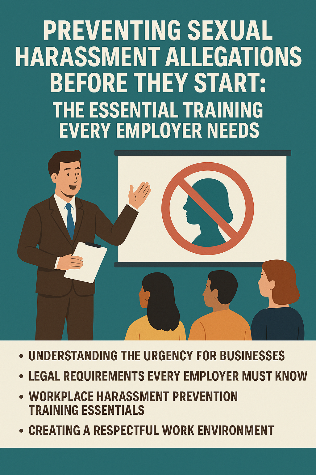 An illustrated digital poster with a teal background showing a male instructor in a suit presenting to a diverse group of three seated attendees. On the presentation screen is a silhouette of a woman’s head crossed out with a red prohibition symbol. The top text reads “Preventing Sexual Harassment Allegations Before They Start: The Essential Training Every Employer Needs,” and bullet points at the bottom list key topics: understanding the urgency for businesses, legal requirements every employer must know, workplace harassment prevention training essentials, and creating a respectful work environment.