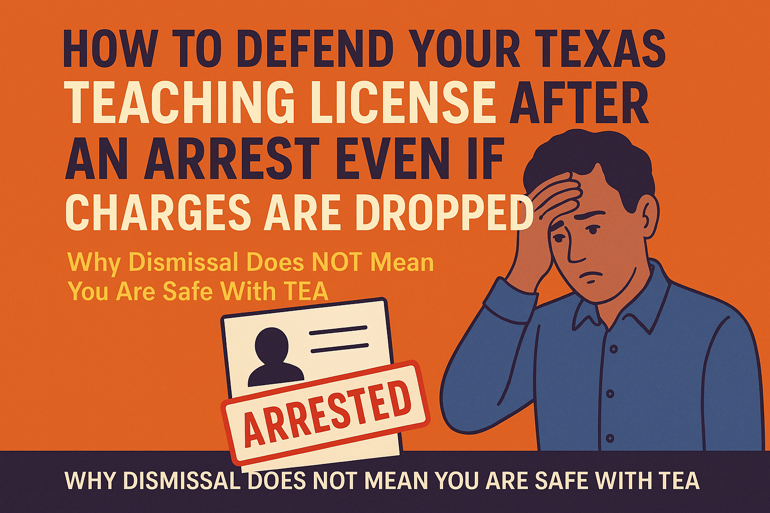 Why Dismissal Does NOT Mean You Are Safe With TEA” in yellow text. On the right side, an illustrated male teacher looks distressed with his hand on his forehead. On the left, an ID-style card is shown with a red “ARRESTED” stamp across it. A dark banner at the bottom repeats the message, “Why dismissal does not mean you are safe with TEA.