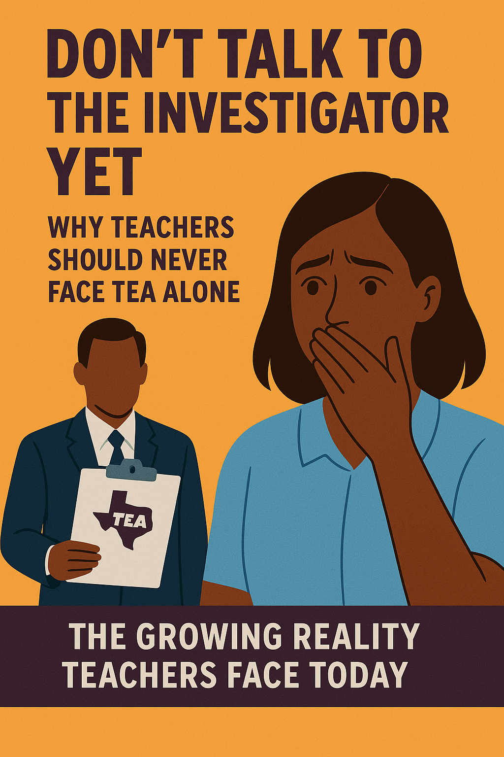 DON’T TALK TO THE INVESTIGATOR YET” in large dark purple letters, followed by the subheading “Why Teachers Should Never Face TEA Alone.” On the right side, an illustrated female teacher appears worried, covering her mouth with her hand. On the left, an investigator in a suit holds a clipboard featuring the outline of Texas labeled “TEA.” A dark purple banner at the bottom reads “The Growing Reality Teachers Face Today.