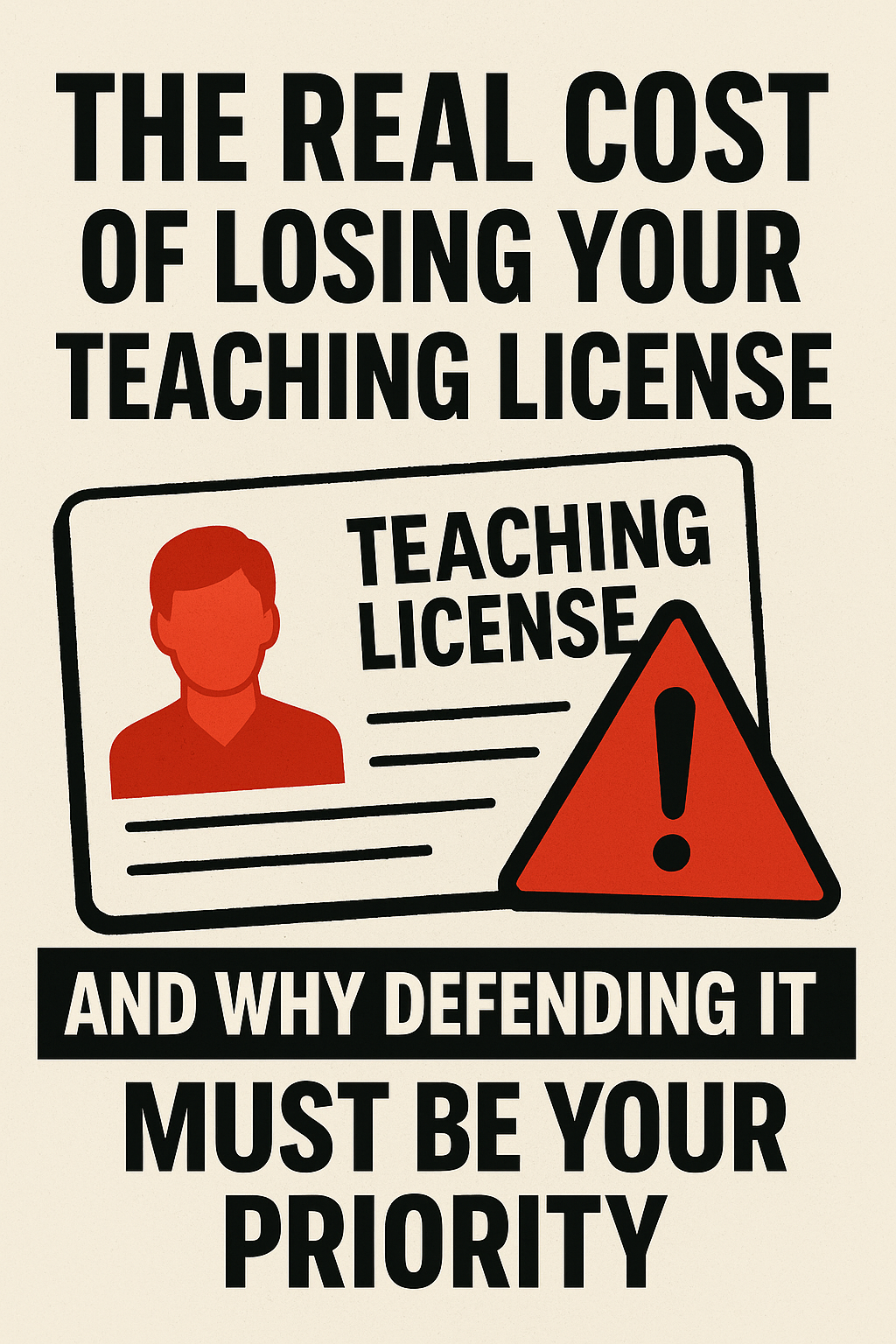 The Real Cost of Losing Your Teaching License and Why Defending It Must Be Your Priority.” The image includes an illustrated teaching license card with a red silhouette portrait and a large red warning triangle with an exclamation mark, emphasizing the seriousness of protecting a teacher’s professional credentials.