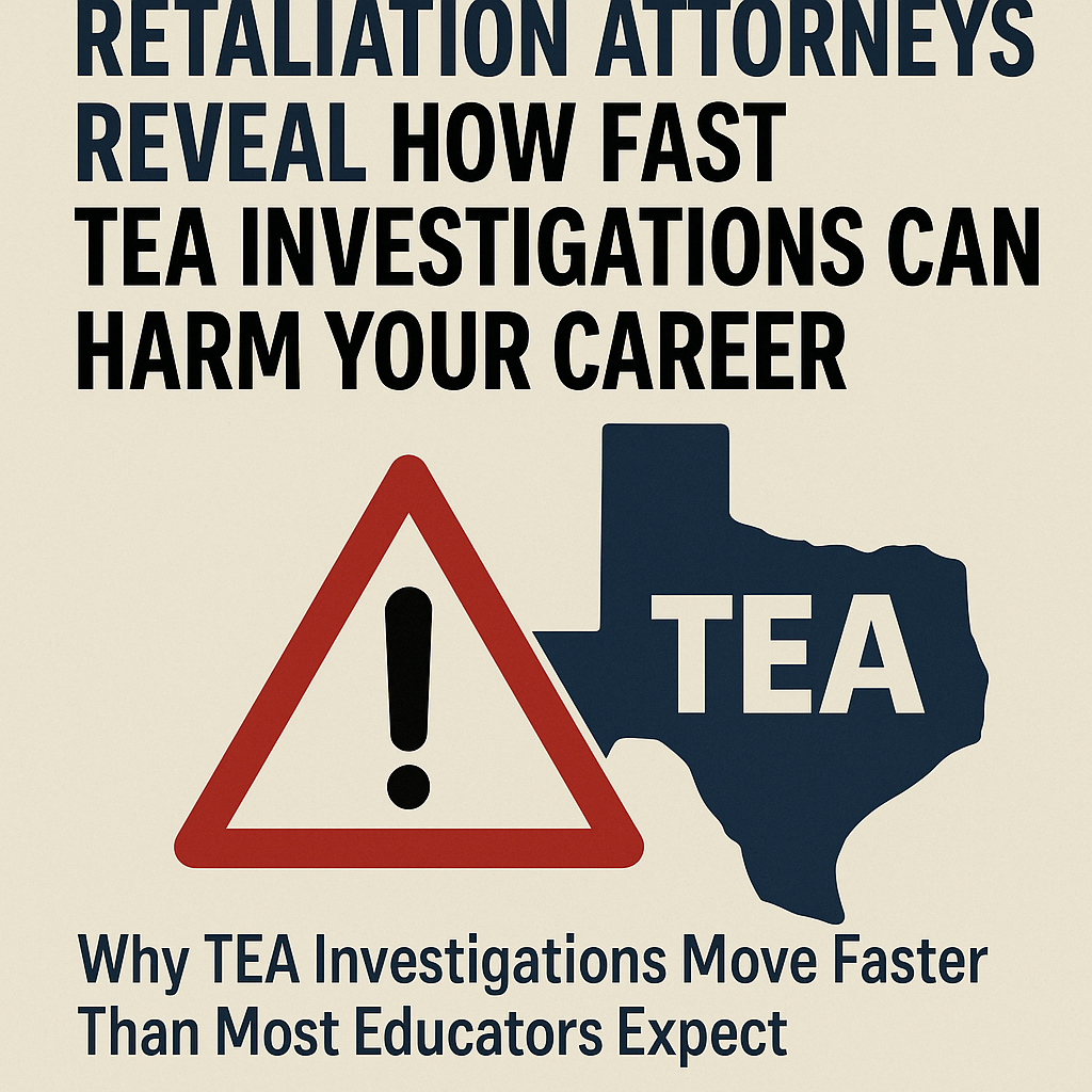 Retaliation Attorneys Reveal How Fast TEA Investigations Can Harm Your Career.” The design features a warning triangle with an exclamation mark and a blue silhouette of the state of Texas labeled “TEA.” Bold text emphasizes urgency, illustrating how quickly Texas Education Agency investigations can escalate for educators.