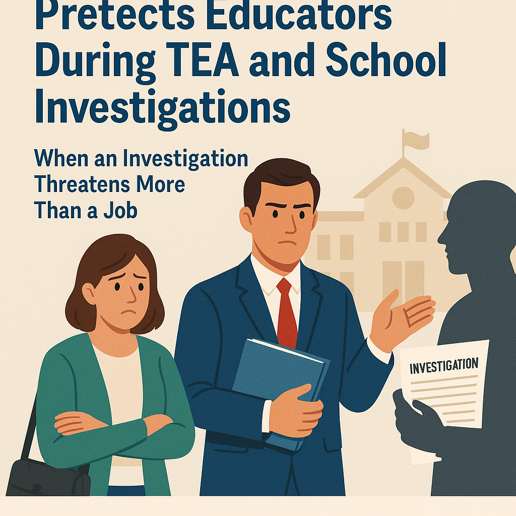 Illustrated graphic showing an attorney standing protectively between a concerned educator and an investigator holding an investigation document, with a school building in the background and text explaining how a law firm protects educators during TEA and school investigations.