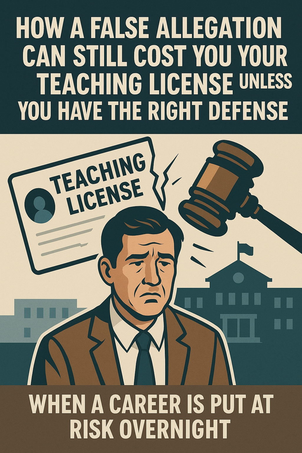 Graphic illustration showing a distressed teacher in front of a school building as a gavel strikes near a cracked teaching license, with bold text warning that a false allegation can still cost a teaching license and put a career at risk overnight.