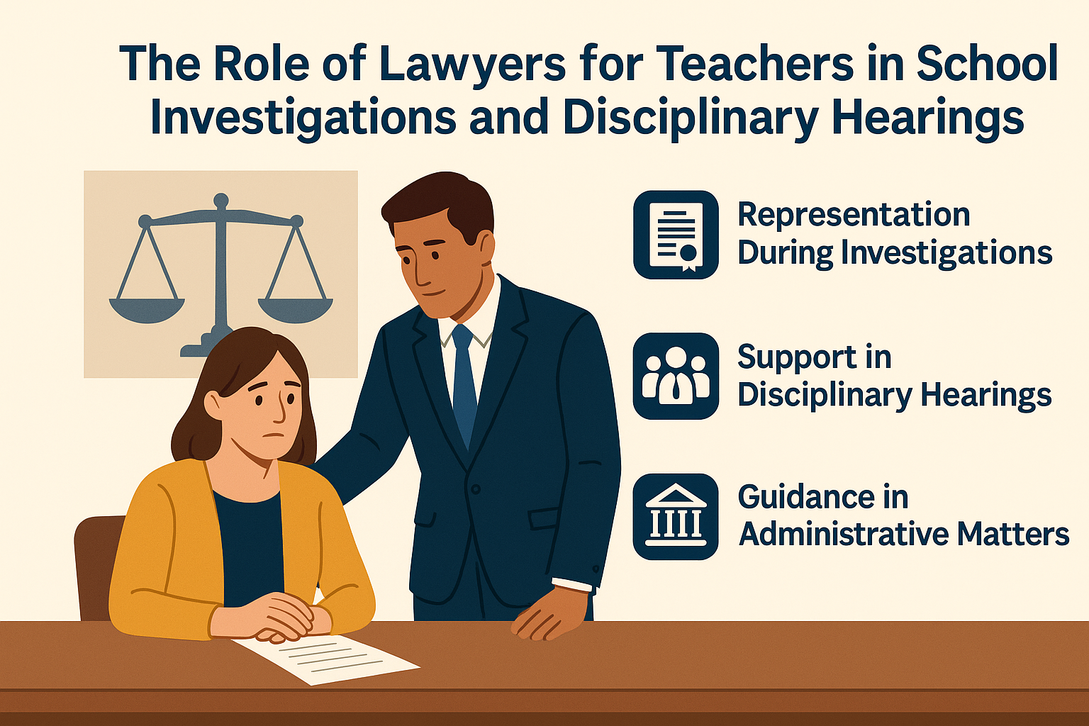 Illustration showing a lawyer standing beside a concerned teacher at a desk in a school setting, symbolizing legal support during school investigations and disciplinary hearings, with icons representing investigations, hearings, and administrative guidance.