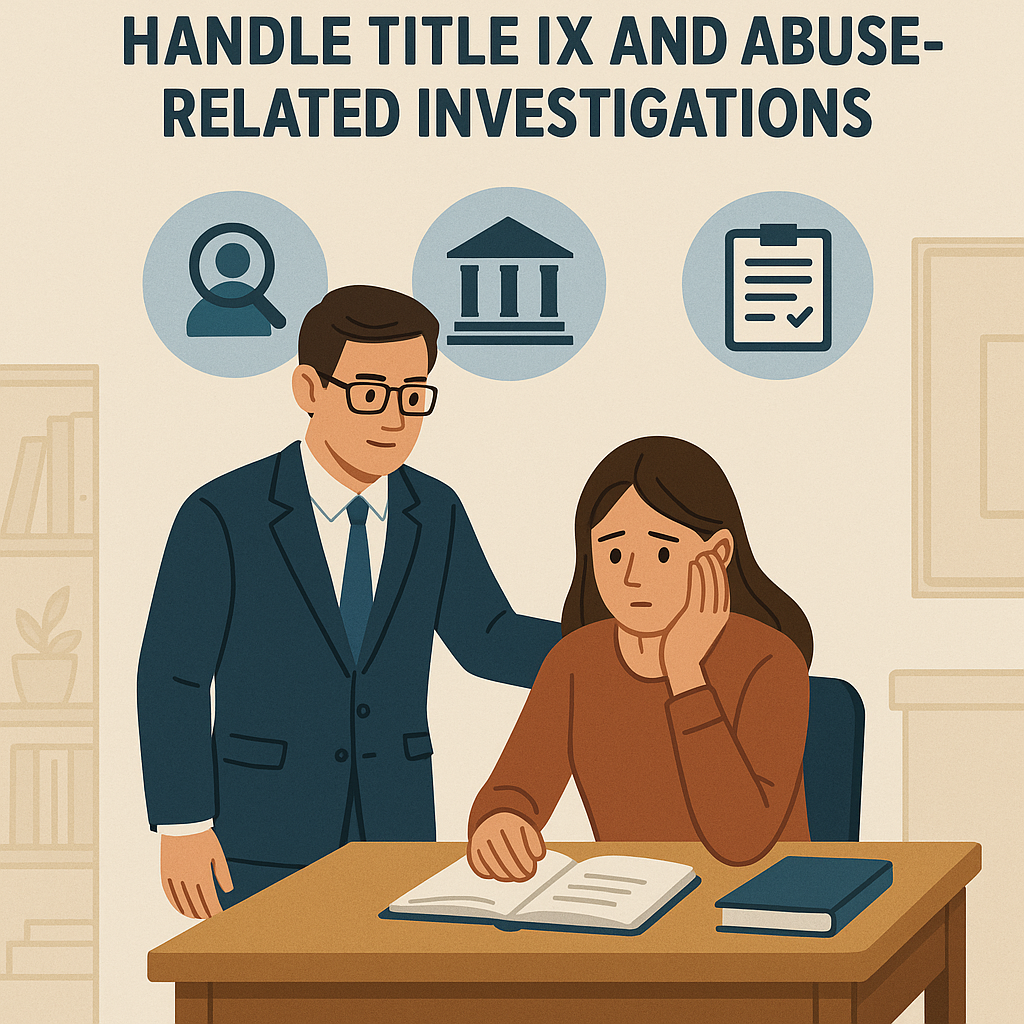 Illustration showing an attorney reassuring a distressed teacher at a desk during a Title IX or abuse-related investigation, with icons representing investigation, legal process, and institutional review in an educational setting.