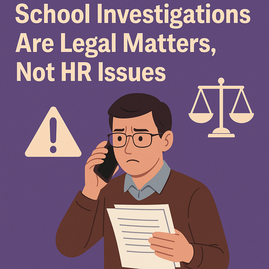 School Investigations Are Legal Matters, Not HR Issues.’ A worried male educator holds paperwork while speaking on a phone, with a warning symbol and scales of justice icon, representing the legal risks teachers face during school investigations.