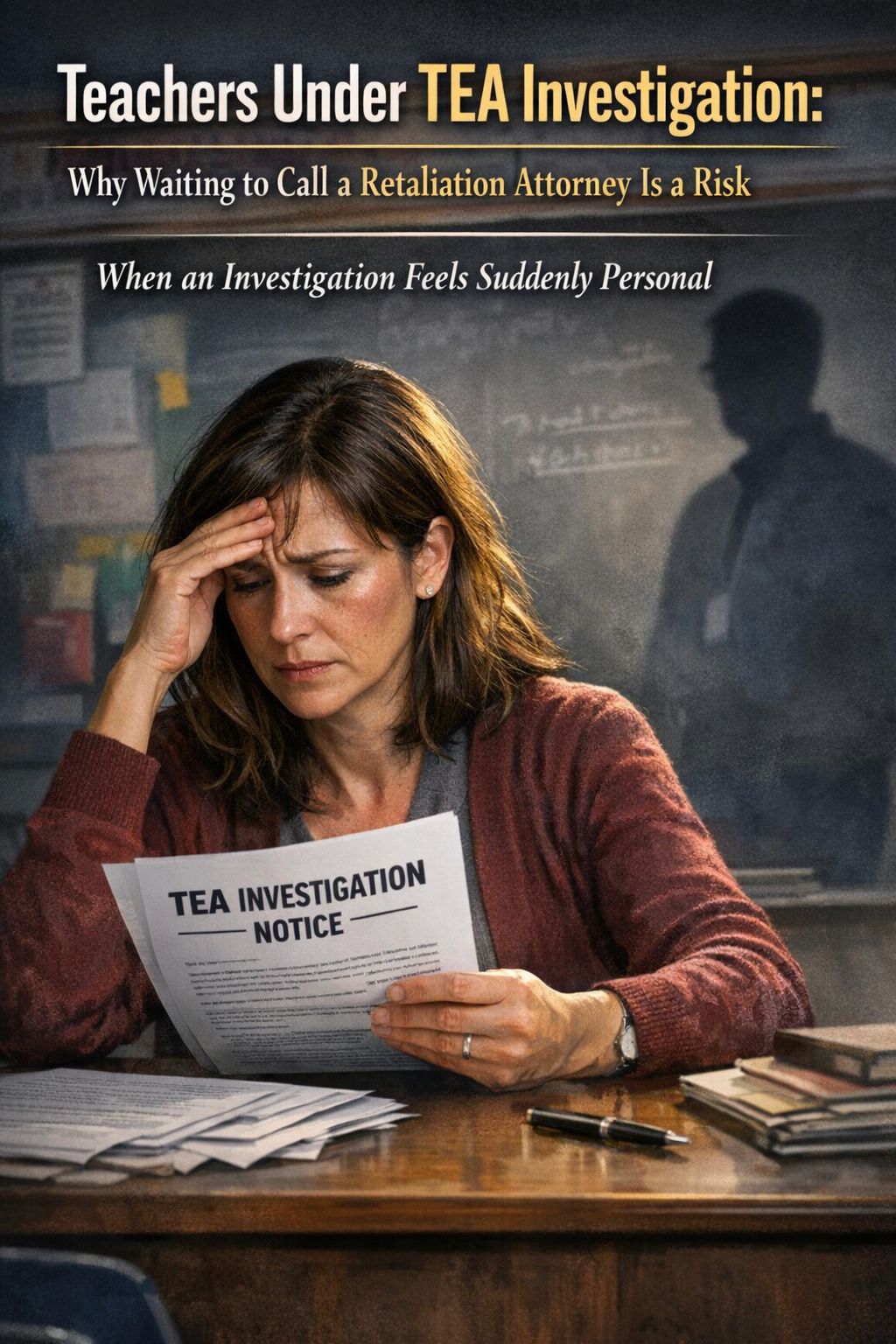 Stressed teacher seated at a desk reading a TEA investigation notice, holding her forehead in concern, with paperwork spread out and a shadowy figure in the background, illustrating the emotional impact of a Texas Education Agency investigation and the risks of delaying legal representation.