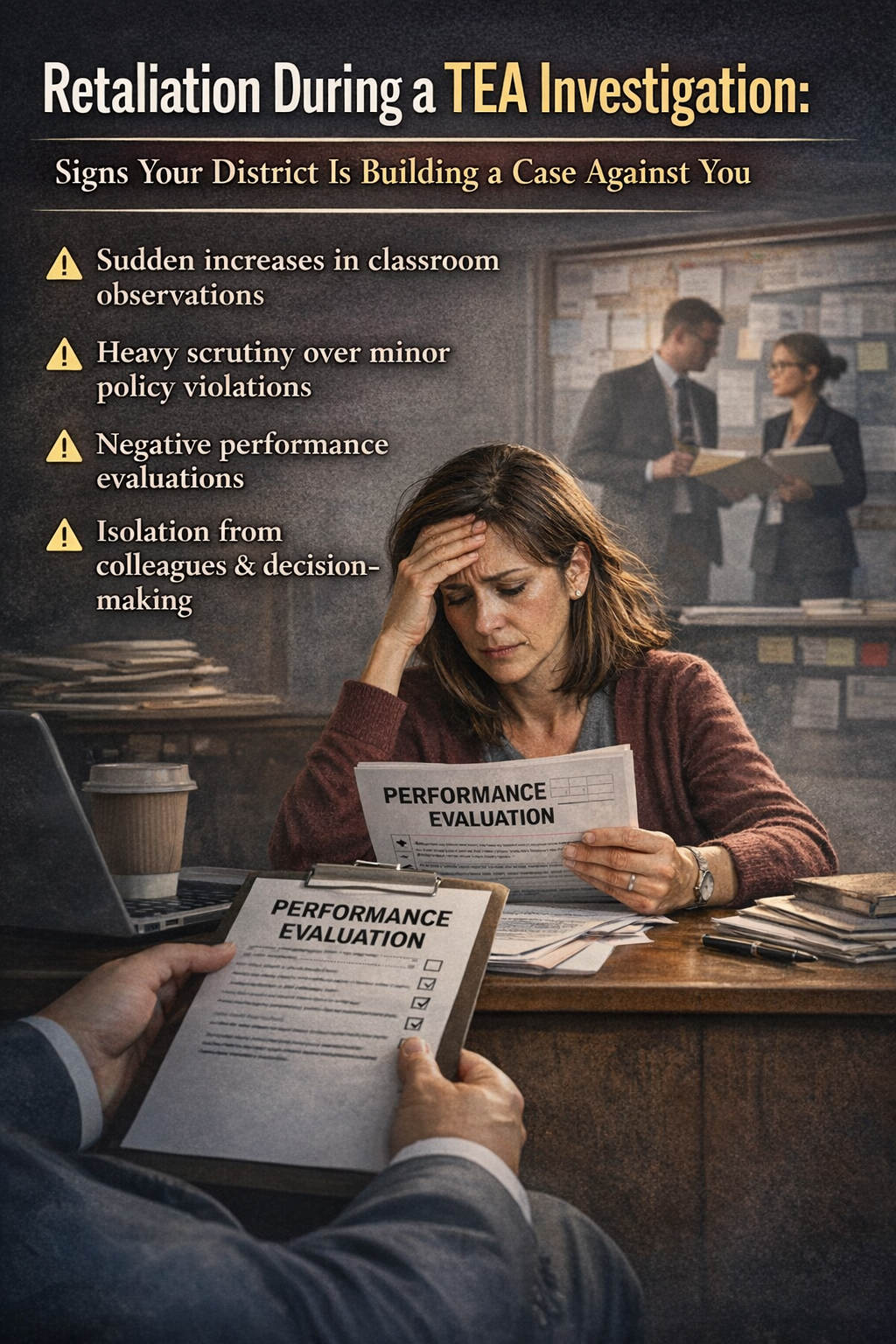 Distressed teacher sitting at a desk reviewing a negative performance evaluation during a TEA investigation, with administrators conferring in the background and on-screen warnings highlighting signs of retaliation by a school district.