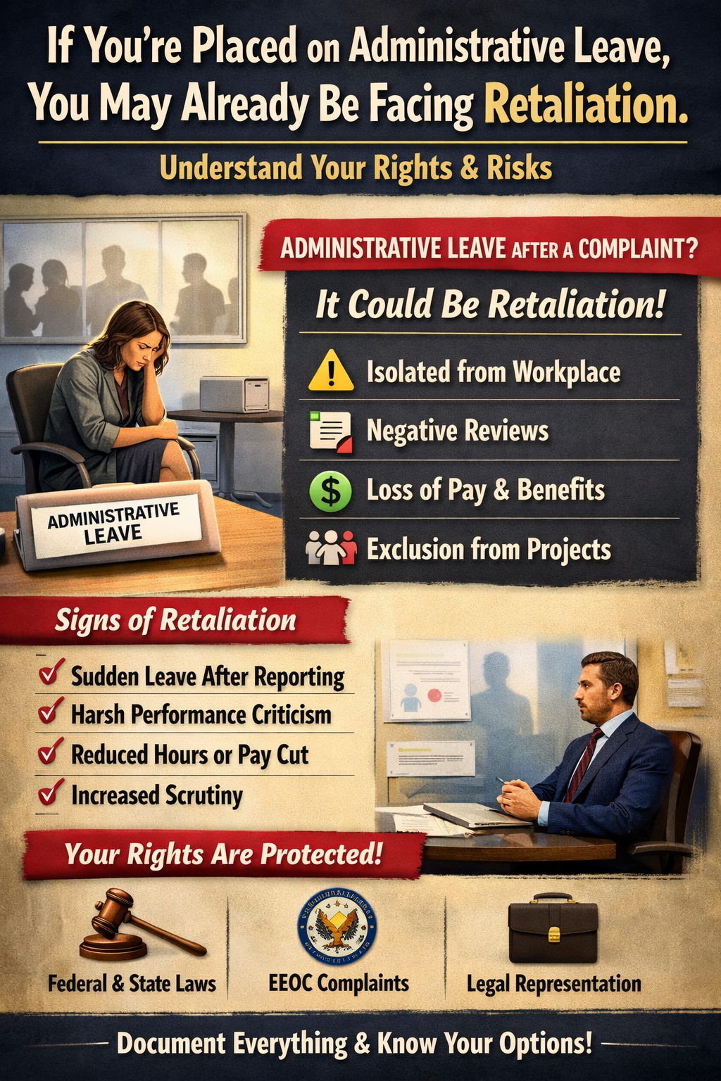 If You’re Placed on Administrative Leave, You May Already Be Facing Retaliation.” The image shows a stressed employee sitting alone at a desk labeled “Administrative Leave” in an empty office. Text highlights warning signs such as isolation from the workplace, negative performance reviews, loss of pay and benefits, exclusion from projects, sudden leave after reporting, increased scrutiny, and harsh criticism. The infographic emphasizes employee rights, retaliation after complaints, and the importance of documentation, with icons representing federal and state laws, EEOC complaints, and legal representation.