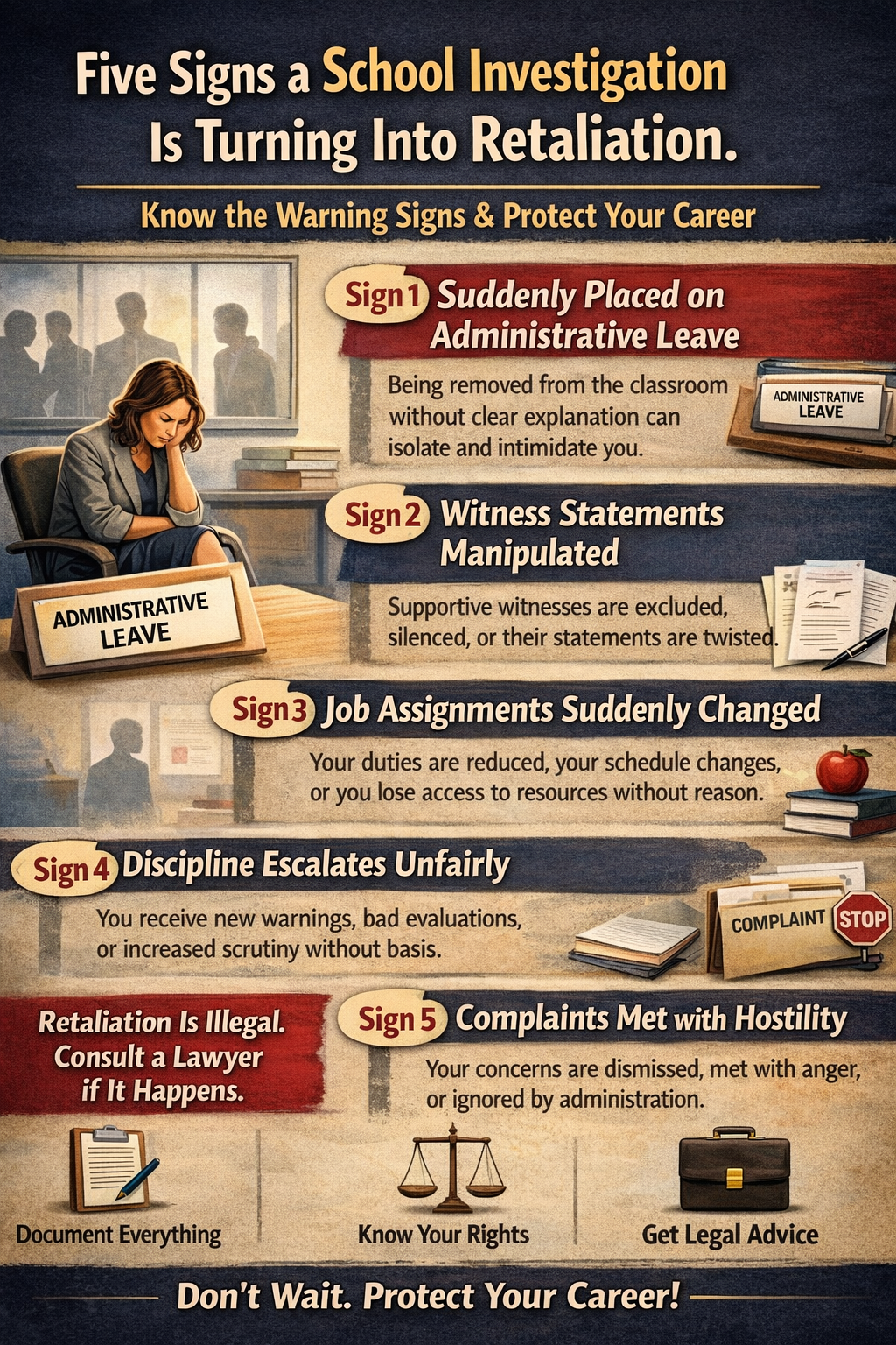 Five Signs a School Investigation Is Turning Into Retaliation.” The image shows a distressed educator seated at a desk labeled “Administrative Leave” inside a school setting. Five warning signs are listed with icons: sudden placement on administrative leave, manipulated or ignored witness statements, sudden changes to job assignments, unfairly escalating discipline, and complaints met with hostility or silence. Additional text emphasizes that retaliation is illegal and encourages documenting everything, knowing employee rights, and seeking legal advice to protect one’s career.