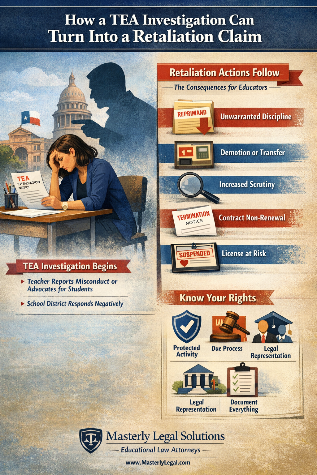 How a TEA Investigation Can Turn Into a Retaliation Claim.” On the left, a stressed teacher sits at a desk holding a TEA investigation notice, with the Texas Capitol in the background, illustrating the start of a Texas Education Agency investigation after reporting concerns or advocating for students. On the right, a vertical list shows potential retaliation actions, including unwarranted discipline, demotion or transfer, increased scrutiny, contract non-renewal, and license at risk, represented by icons such as reprimand files, magnifying glass, and termination notice. The bottom section highlights educator rights with icons labeled protected activity, due process, legal representation, and documentation. The image is branded with Masterly Legal Solutions, educational law attorneys.