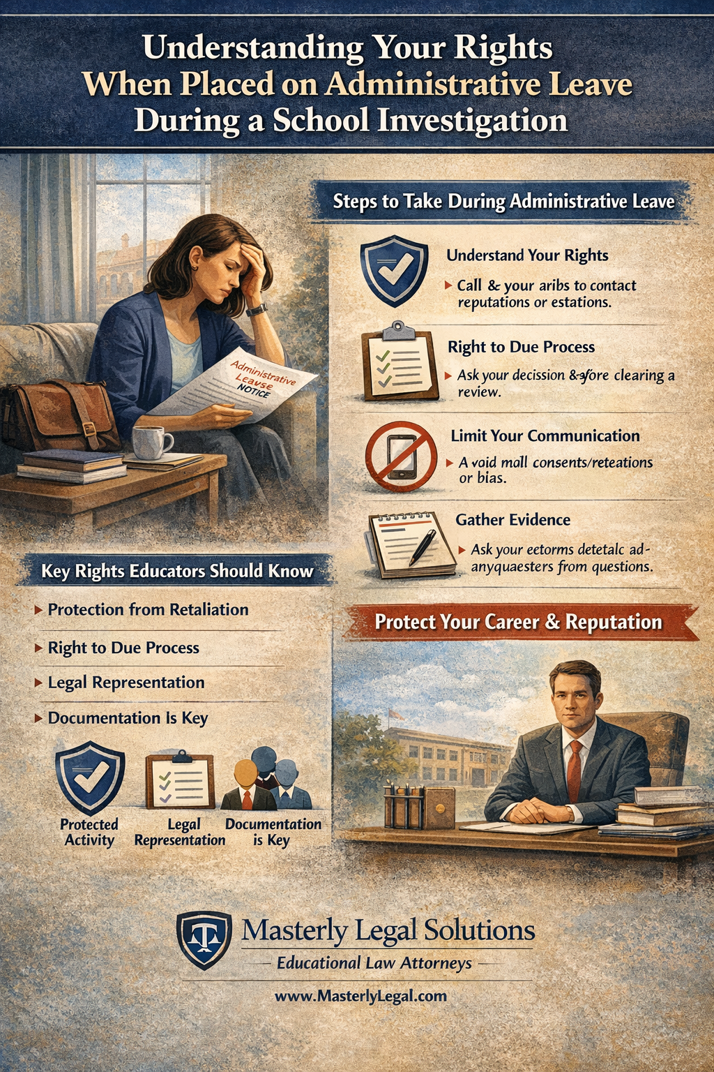 On the left, a concerned teacher sits on a couch holding an administrative leave notice, conveying uncertainty and stress. On the right, a checklist labeled “Steps to Take During Administrative Leave” highlights key actions, including understanding your rights, the right to due process, limiting communication, and gathering evidence, each shown with clear icons. A section below lists key rights educators should know, such as protection from retaliation, legal representation, and the importance of documentation. The bottom right shows an attorney seated at a desk representing professional legal support. The image is branded with Masterly Legal Solutions, educational law attorneys.