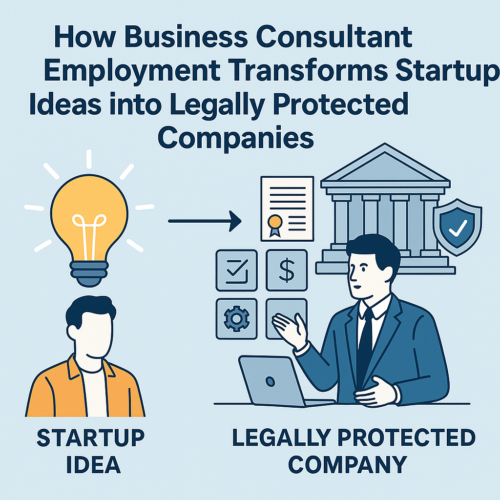 Infographic showing how business consultant employment transforms a startup idea into a legally protected company. On the left, a lightbulb above an entrepreneur represents a new business idea. An arrow points to the right, where a business consultant sits with a laptop surrounded by icons for financial planning, compliance, and operations. Behind him are symbols of legal protection, including a certificate, courthouse building, and shield with a checkmark. Labels read 'Startup Idea' on the left and 'Legally Protected Company' on the right.